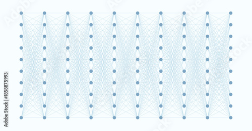 Neural network structure on white background with clear nodes and layers, showcasing deep learning, AI innovation and modern computational technology.