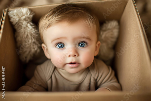 Curious infant with wide blue eyes peeking from inside a cardboard box, discovering the world, innocence and playful childhood moment