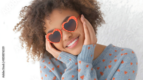 Smiling young woman with beautiful curly hair wearing heart-shaped glasses and a patterned sweater, happily embracing feelings of love, happiness, and positivity