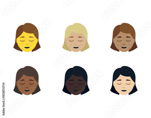 smiling woman head face eyes closed pleased pretty smile emoji symbol sign icon vector illustration isolated flat