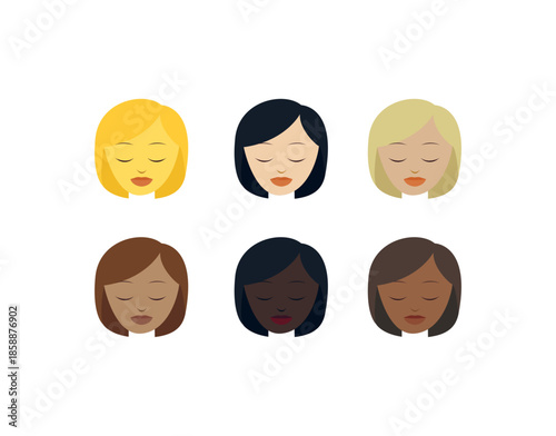 smiling woman head face eyes closed pleased pretty smile emoji symbol sign icon vector illustration isolated flat