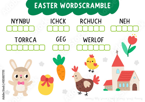 Vector Easter word scramble activity page. English language game with bunny, colored egg, hen, chicken, church, tulip flower for kids. Spring holiday family quiz, printable worksheet