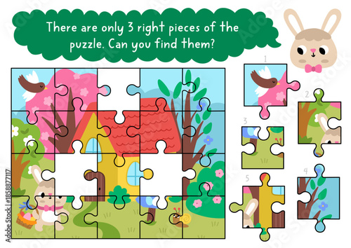 Easter village logical matching activity with spring scene with bunny with egg basket in garden. Spring holiday match up page, game, printable worksheet. Find missing piece of jigsaw puzzle