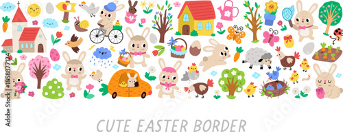 Vector Easter horizontal border set with traditional symbols, bunny, chick, colored egg. Card template design for banners, invitations. Cute spring holiday illustration with church, trees, sun