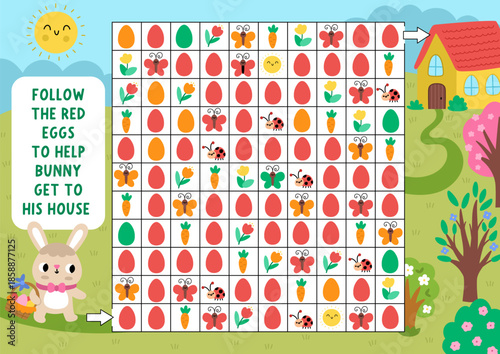 Easter maze, seek and find game with spring landscape. Attention skills puzzle. Holiday printable activity. Logical searching puzzle. Follow red eggs to help bunny get to his house