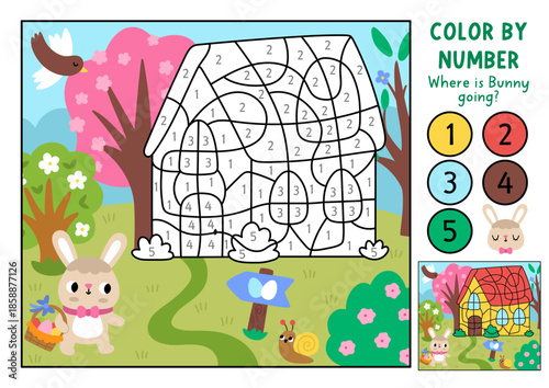 Vector Easter color by number activity with bunny going home with colored background. Spring holiday black and white counting, colouring game, coloring page for kids with blooming garden scene