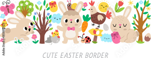 Vector Easter horizontal border set with traditional characters. Card template design for banners, invitations. Cute spring holiday illustration with bunny, hatching chick, colored eggs