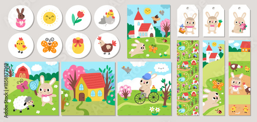 Cute Easter cards set with bunny, chicken, church, colored eggs, farm house. Vector square, round, vertical print templates. Spring holiday design for tags, postcards, ads with rural landscapes