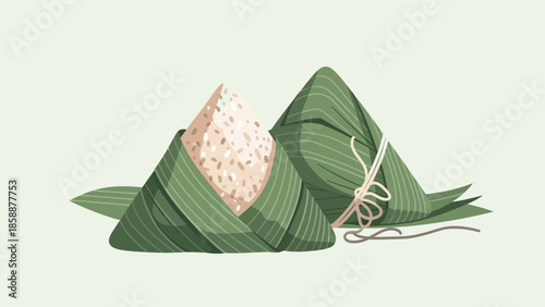 Two rice dumplings wrapped in green leaves tied with string.