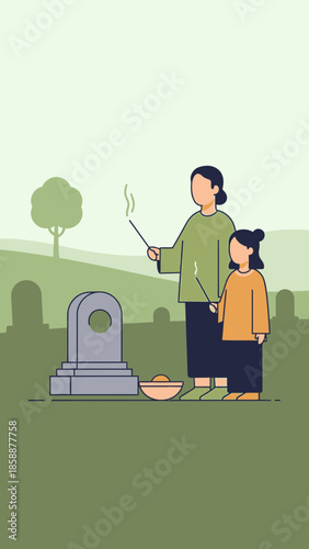 Two people stand by a grave holding incense sticks.