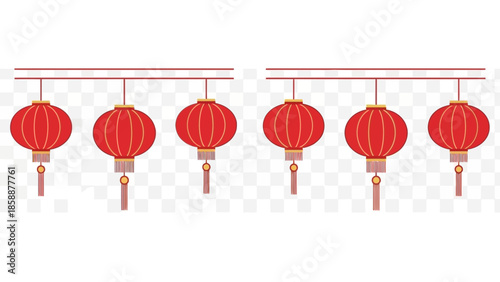 Red lanterns with tassels hang from a horizontal bar.