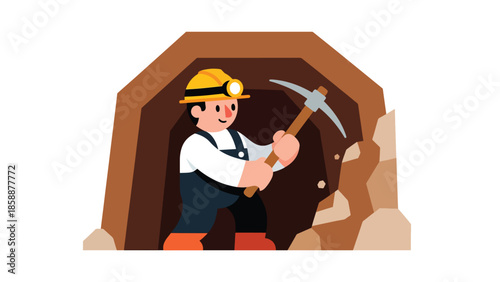 Modern vector illustration of traditional miner working underground with pickaxe and helmet, ideal for mining history, industry education, and resource extraction concepts
