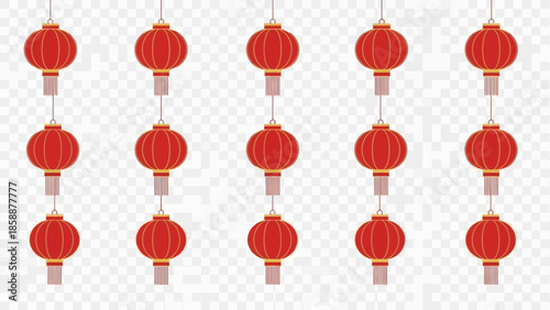 Red Chinese lanterns with gold accents hang in rows.