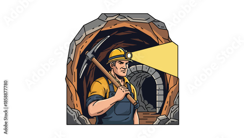 Modern vector illustration of traditional miner working underground with pickaxe and helmet, ideal for mining history, industry education, and resource extraction concepts