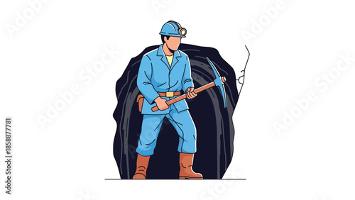Modern vector illustration of traditional miner working underground with pickaxe and helmet, ideal for mining history, industry education, and resource extraction concepts