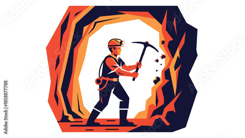 Modern vector illustration of traditional miner working underground with pickaxe and helmet, ideal for mining history, industry education, and resource extraction concepts