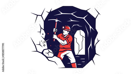 Modern vector illustration of traditional miner working underground with pickaxe and helmet, ideal for mining history, industry education, and resource extraction concepts
