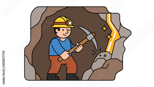 Modern vector illustration of traditional miner working underground with pickaxe and helmet, ideal for mining history, industry education, and resource extraction concepts