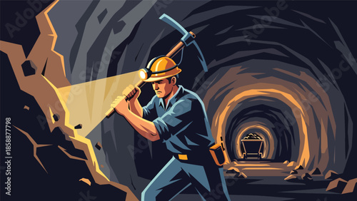 Modern vector illustration of traditional miner working underground with pickaxe and helmet, ideal for mining history, industry education, and resource extraction concepts