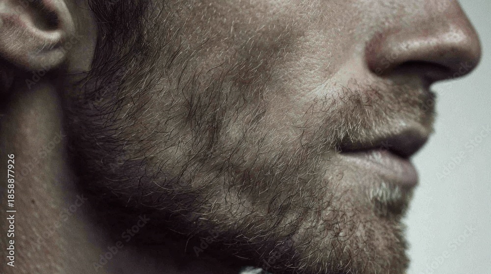 Obraz premium Close View of a Mans Profile Showcasing Distinct Facial Features and Beard Texture in Soft Lighting Setting