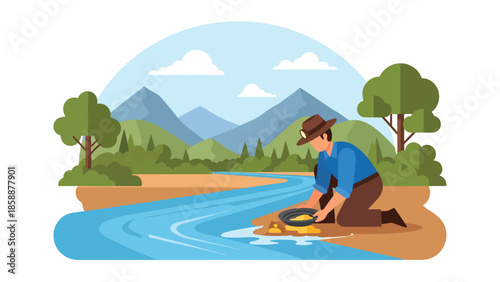 Modern vector illustration of traditional gold mining with miner panning for gold near river, ideal for mining history, prospecting, and resource extraction themes