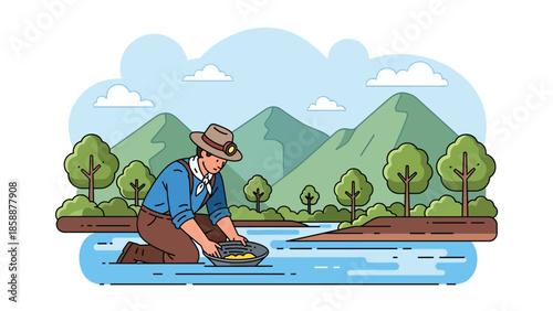Modern vector illustration of traditional gold mining with miner panning for gold near river, ideal for mining history, prospecting, and resource extraction themes