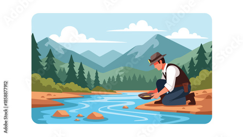 Modern vector illustration of traditional gold mining with miner panning for gold near river, ideal for mining history, prospecting, and resource extraction themes