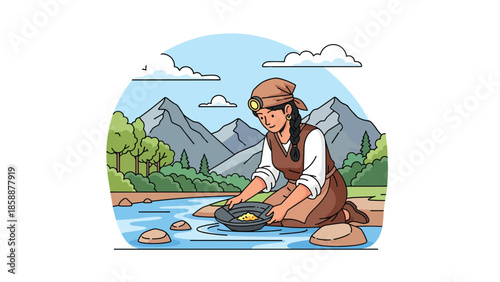 Modern vector illustration of traditional gold mining with miner panning for gold near river, ideal for mining history, prospecting, and resource extraction themes