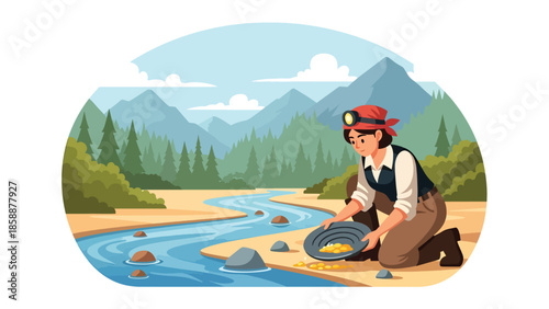 Modern vector illustration of traditional gold mining with miner panning for gold near river, ideal for mining history, prospecting, and resource extraction themes