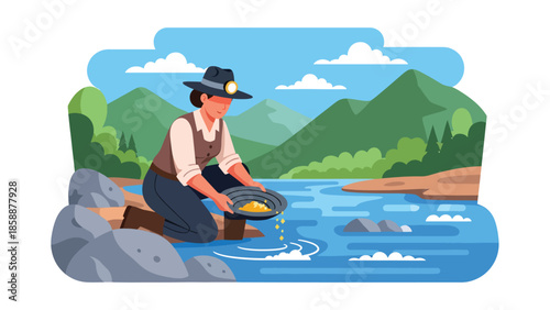 Modern vector illustration of traditional gold mining with miner panning for gold near river, ideal for mining history, prospecting, and resource extraction themes