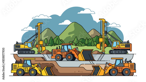 Modern vector illustration of advanced mining machinery and drill rigs at work site, ideal for industrial technology, engineering, and mining operations visuals