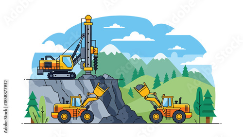Modern vector illustration of advanced mining machinery and drill rigs at work site, ideal for industrial technology, engineering, and mining operations visuals