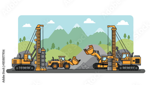 Modern vector illustration of advanced mining machinery and drill rigs at work site, ideal for industrial technology, engineering, and mining operations visuals