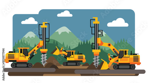 Modern vector illustration of advanced mining machinery and drill rigs at work site, ideal for industrial technology, engineering, and mining operations visuals