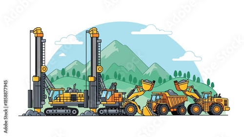 Modern vector illustration of advanced mining machinery and drill rigs at work site, ideal for industrial technology, engineering, and mining operations visuals