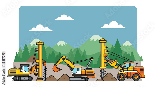 Modern vector illustration of advanced mining machinery and drill rigs at work site, ideal for industrial technology, engineering, and mining operations visuals
