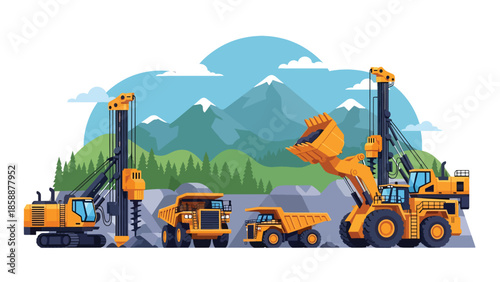 Modern vector illustration of advanced mining machinery and drill rigs at work site, ideal for industrial technology, engineering, and mining operations visuals