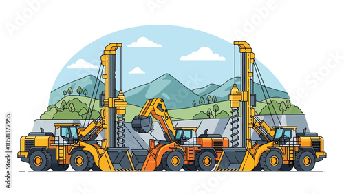 Modern vector illustration of advanced mining machinery and drill rigs at work site, ideal for industrial technology, engineering, and mining operations visuals