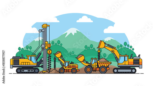 Modern vector illustration of advanced mining machinery and drill rigs at work site, ideal for industrial technology, engineering, and mining operations visuals