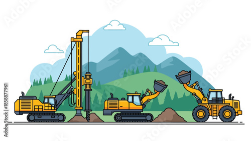 Modern vector illustration of advanced mining machinery and drill rigs at work site, ideal for industrial technology, engineering, and mining operations visuals