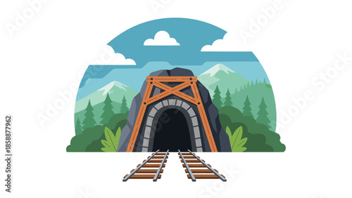 Modern vector illustration of traditional mine entrance with wooden supports and rail tracks, ideal for mining history, heritage, and education projects