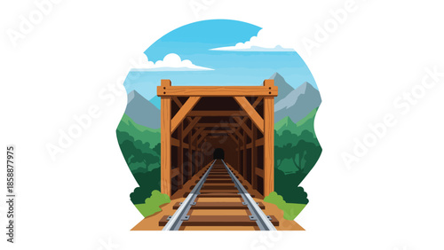 Modern vector illustration of traditional mine entrance with wooden supports and rail tracks, ideal for mining history, heritage, and education projects