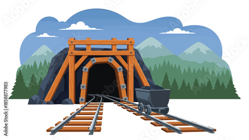 Modern vector illustration of traditional mine entrance with wooden supports and rail tracks, ideal for mining history, heritage, and education projects