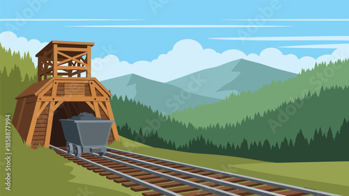 Modern vector illustration of traditional mine entrance with wooden supports and rail tracks, ideal for mining history, heritage, and education projects