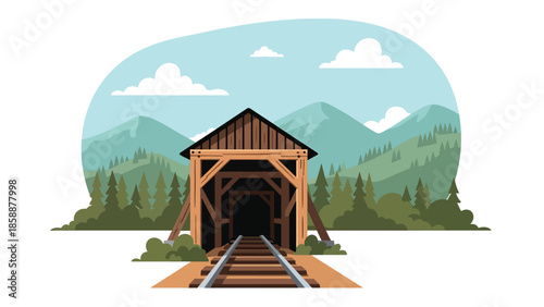 Modern vector illustration of traditional mine entrance with wooden supports and rail tracks, ideal for mining history, heritage, and education projects