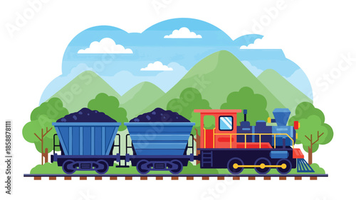 Modern vector illustration of mining train cart filled with ore on rail tracks, ideal for mining history, industry education, and resource extraction visuals