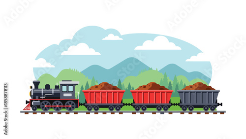 Modern vector illustration of mining train cart filled with ore on rail tracks, ideal for mining history, industry education, and resource extraction visuals