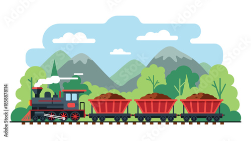 Modern vector illustration of mining train cart filled with ore on rail tracks, ideal for mining history, industry education, and resource extraction visuals