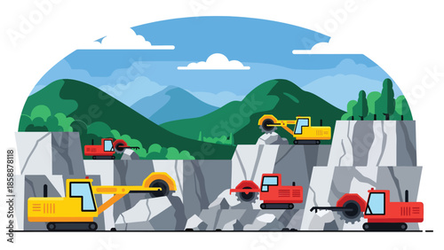 Modern vector illustration of quarry mining with stone blocks and cutting machines, ideal for construction materials, mining industry, and industrial visuals