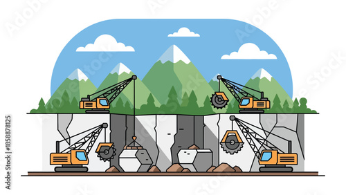 Modern vector illustration of quarry mining with stone blocks and cutting machines, ideal for construction materials, mining industry, and industrial visuals
